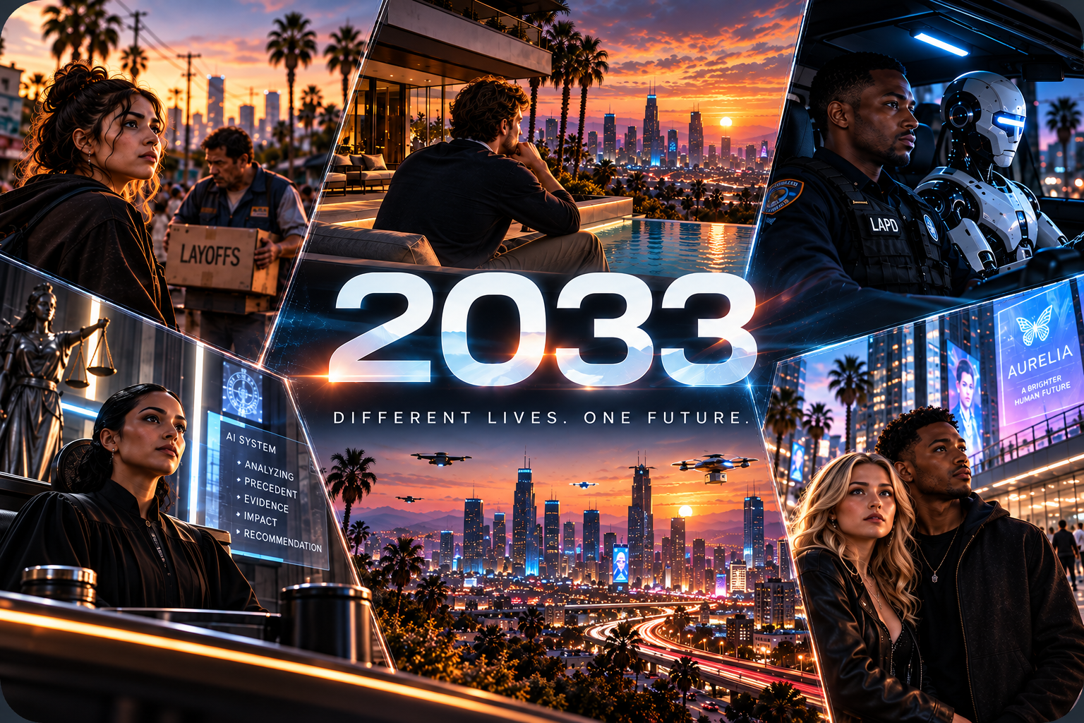 2033 multi-story key art showing multiple lives across one near-future city