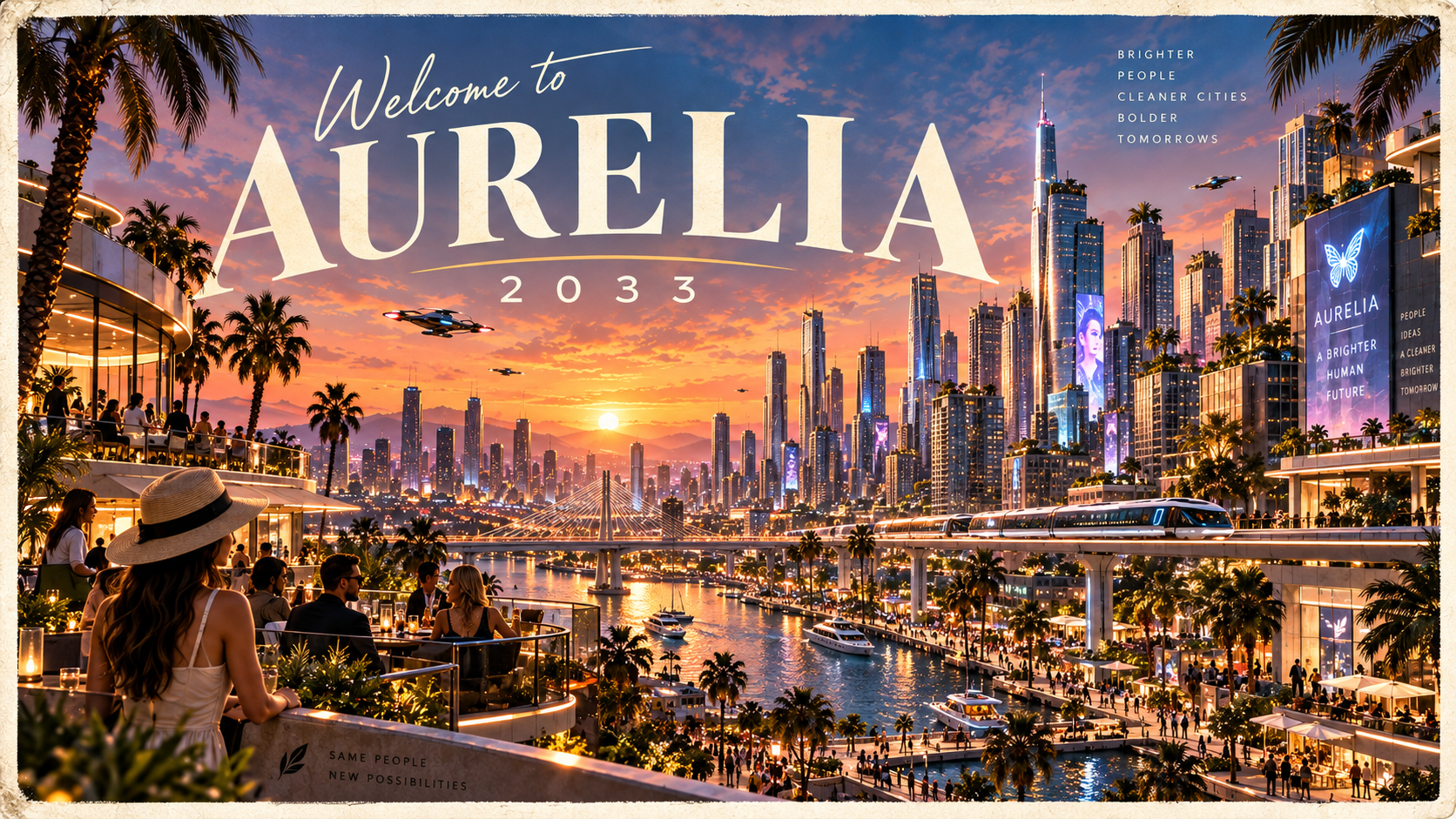 Welcome to Aurelia 2033 postcard showing a near-future city at sunset